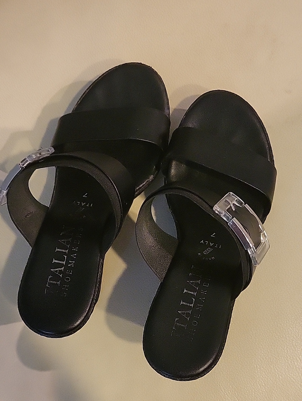 Italian Shoemakers Black Slide Sandals with Clear Accent Buckle